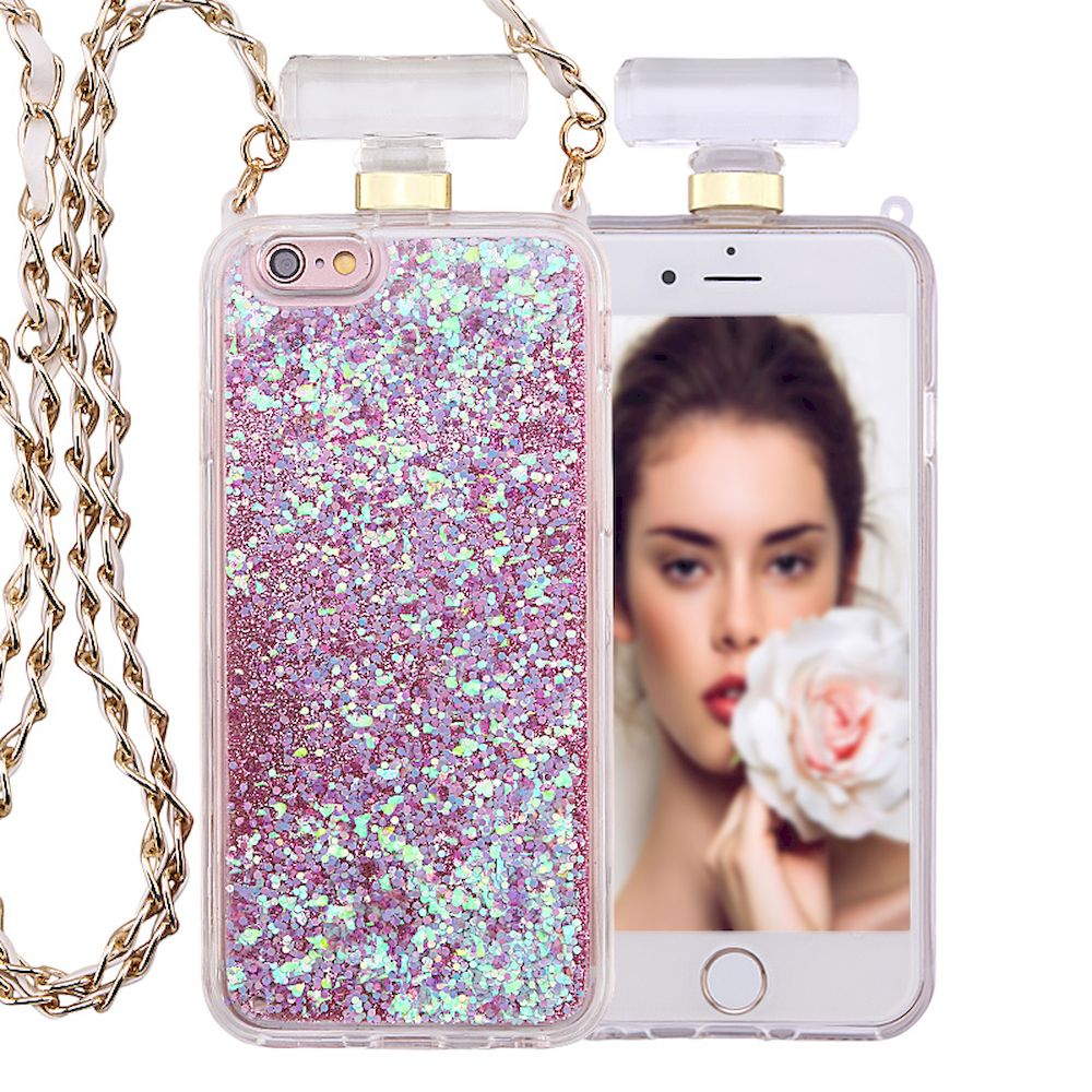 iPhone SE 2022 / 2020 / 8 / 7 PERFUME Bottle Glitter Shake Star Dust Necklace Case (Pink)